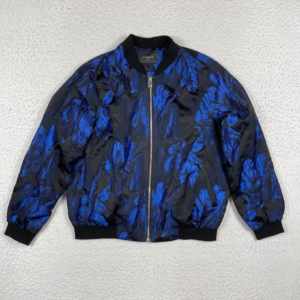 Frnch Paris Jacket Womens Medium Blue Black Floral Jacquard Bomber Streetwear‎